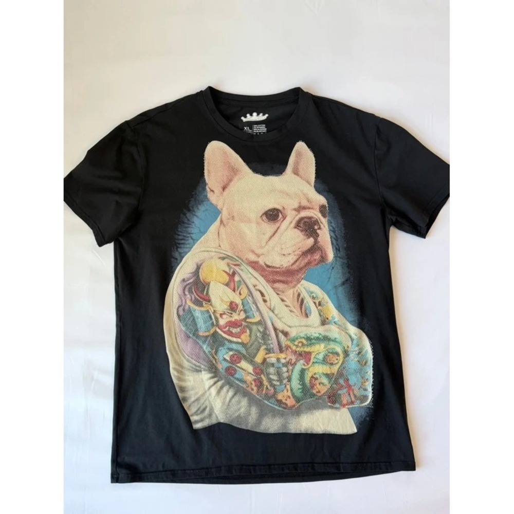 Heads Or Tails Mens XL T-Shirt Black French Bulldog Tattoo Rhinestone Graphic